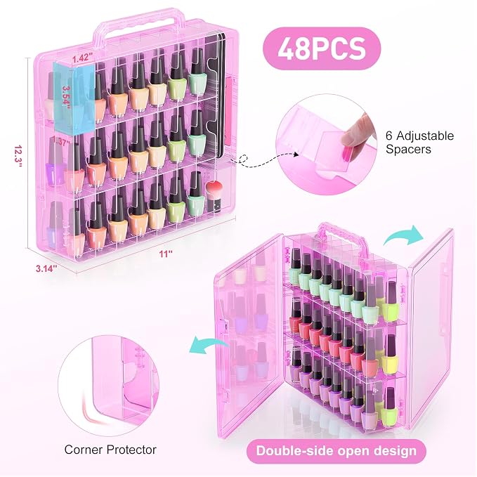 Beloving Nail Polish Organizer Pack of 2, Portable 48 Bottles Clear Nail Polish Holder with Adjustable Divider, Gel Nail Polish Storage Double Side Nail Polish Organizer Case for Nail Tech Pink