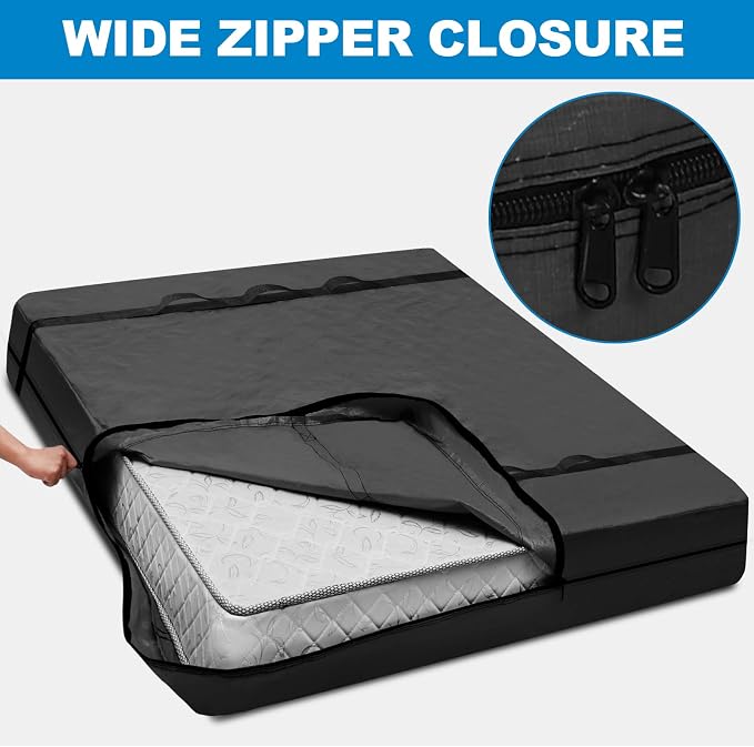 TICONN Mattress Bags for Moving, Heavy Duty Full XL Mattress Cover Storage Bag with Full-Around Handle and Adjustable Buckles (Black, Full XL)