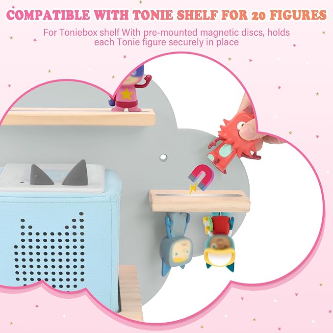Clouds for Toniebox 1/2 Tonies Figures Organizer Storage Shelf Wall Mounted, Magnetic Floating Shelves for Toniebox Player Display Collection 20~30 Characters (Gray)