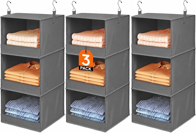 Lifewit 3 Tier Hanging Closet Organizer and Storage, Foldable Hanging Closet Shelves with 2 Sturdy Hooks, Clothes Organization for Sweater/Shoes/Coat, for Wardrobe, Bedroom, RV, Gray, 3 Pack