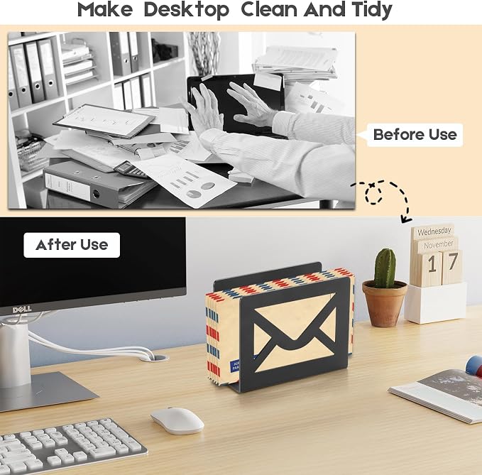 Desktop Metal Mail Holder,Letter Organizer for Desk(Black) | Modern,Cutout Envelope Design,Envelope and Document Storage Rack for Home and Office