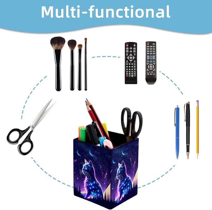 Pen Holder for Desk, Fantasy Purple Starry Sky Cat Pencil Holder, Pen Cup Functional Desk Organizer for Office Supplies
