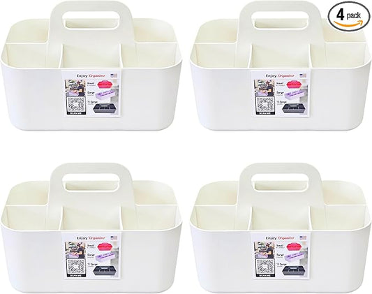 Small Stackable Plastic Caddy with Handle 6 Compartment | Desk, Makeup, Dorm Caddy, Classroom Art Organizers - 4 Pack, Made In USA (Ivory)