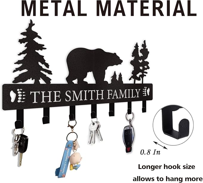 Dyoart Personalized Key Holder for Wall, Custom Metal Black Bear Coat Hook Key Holder with Name, Metal Key Rack Hanger Organizer for Entryway, Front Door, Hallway, Kitchen, Office Decor