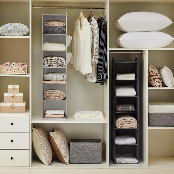 YOUDENOVA Hanging Closet Organizer and Storage, 6-Shelf Closet Hanging Storage Shelves, Light Grey