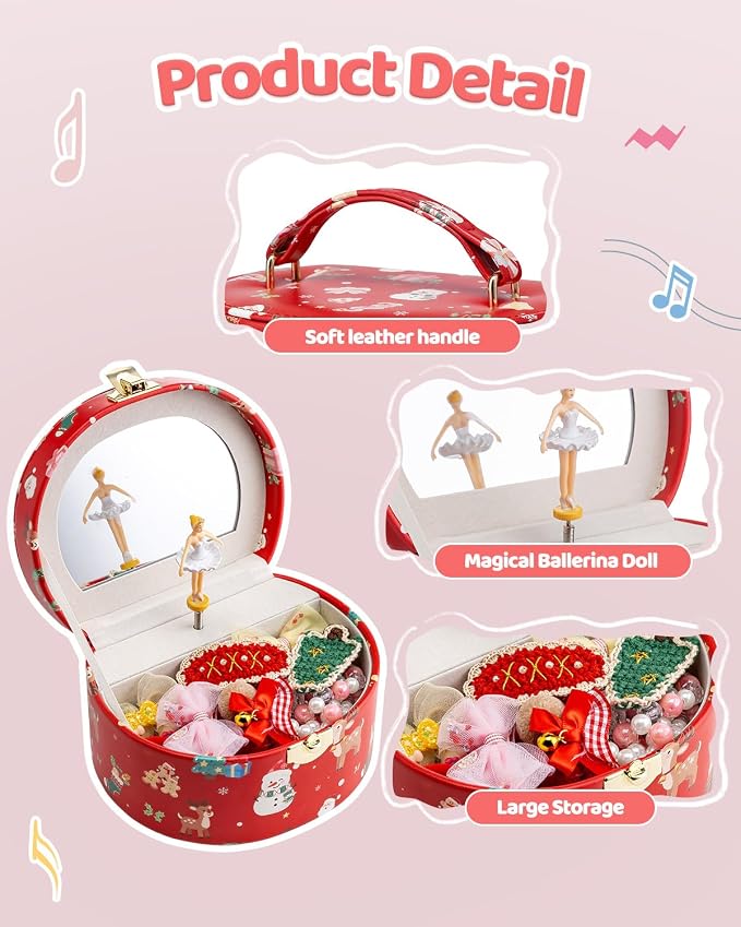 VLANDO 2Pcs Gifts for Girl, Musical Jewelry Box for Girls, Small Kid Music Box with Ballerina for Party Bedroom Decor, Gifts for Girls Kids - Christmas Red