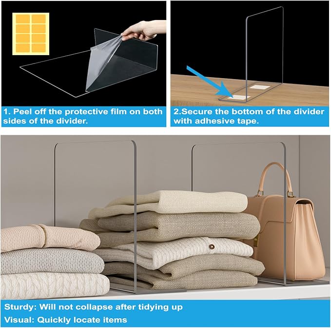 OKPOW Shelf Dividers Closet Organizer - 12" Tall X 9" Deep Acrylic Clear Sturdy Separate for Clothes Purse - Adjustable Space Saver Easy Install for Home Organization Enthusiasts 8 Pack