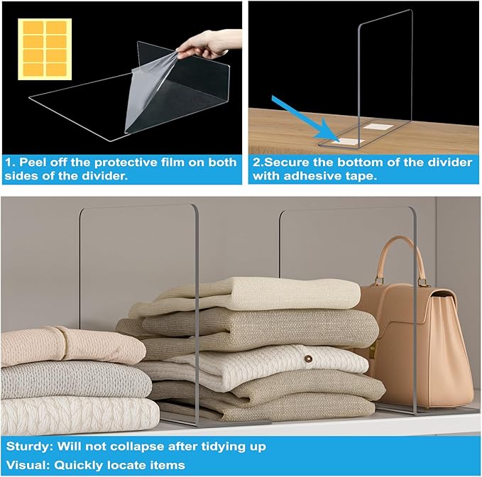 OKPOW Shelf Dividers Closet Organizer - 12" Tall X 11.8" Deep Acrylic Clear Sturdy Separate for Clothes Purse - Adjustable Space Saver Easy Install for Home Organization Enthusiasts 4 Pack