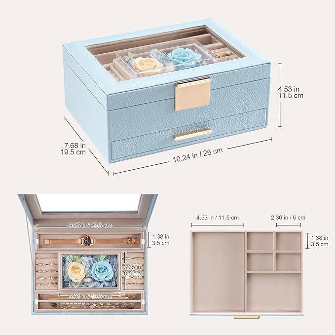 Lolalet Jewelry Organizer with Glass Lid, 2-Layer Jewelry Box Case with Drawer, Earrings Watch Ring Display Storage -Blue