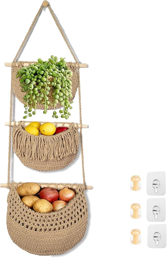 Halidali 3 Tier Hanging Fruit Baskets for Kitchen, Boho Cotton Rope Handwoven Vegetable Hammock Produce Storage Wall Mounted Large Organizing Basket for Farmhouse Decor, Onion, Potato (Linen)