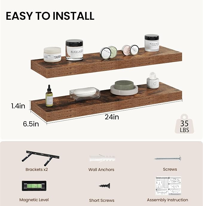 Vivelove 24 Inch Floating Shelves Wall Mounted for Display, 6.5 Deep Duty Shelves with Invisible Brackets for Living Room,Bedroom,Kitchen, Bathroom Storage & Decor,24" Wx6.5 Dx1.4 H - Rustic Brown