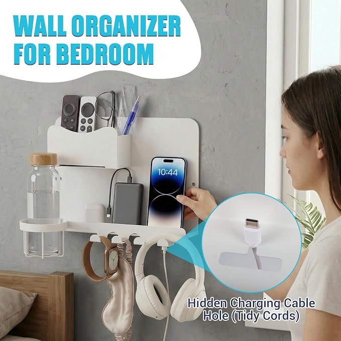 Metal Bedside Wall Shelf, Bedside Floating Shelf Wall Organizer with Detachable Cup Holder, No Drill Wall Mount for Bedroom, Dorm Room Decor, Nightstand Alternative, Bunk Bed Accessories, RV Storage