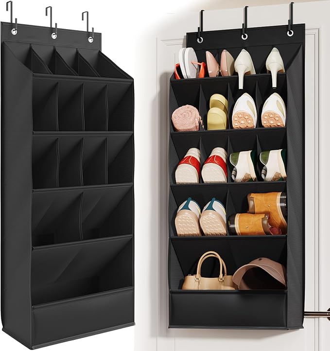 Mefirt Over the Door Shoe Rack for Closet Fit 18+ Pairs, Door Shoe Organizer with Large Breathable Pockets, Hanging Shoes Rack Fit Boots, Behind the Door Shoe Holder for Categorized Storage, Black