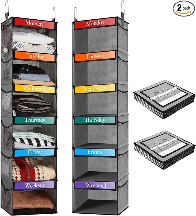 Amylove 2 Pack 6 Shelf Weekly Clothes Organizer for Kids with Side Pocket, 47 Inch Days of the Week Clothes Organizer, Monday to Friday Daily School Outfits Clothing Divider for Kids(Gray)