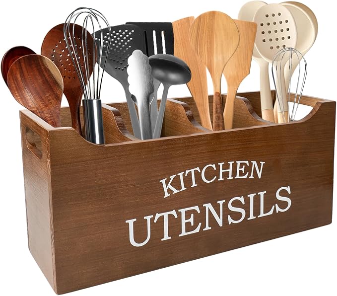 Kitchen Utensil Holder with Drainage Bottom, Extra Large 4 Compartments Solid Real Wood Utensil Organizer for Kitchen Counter, Farmhouse Cooking Tools Storage for Countertop, Brown