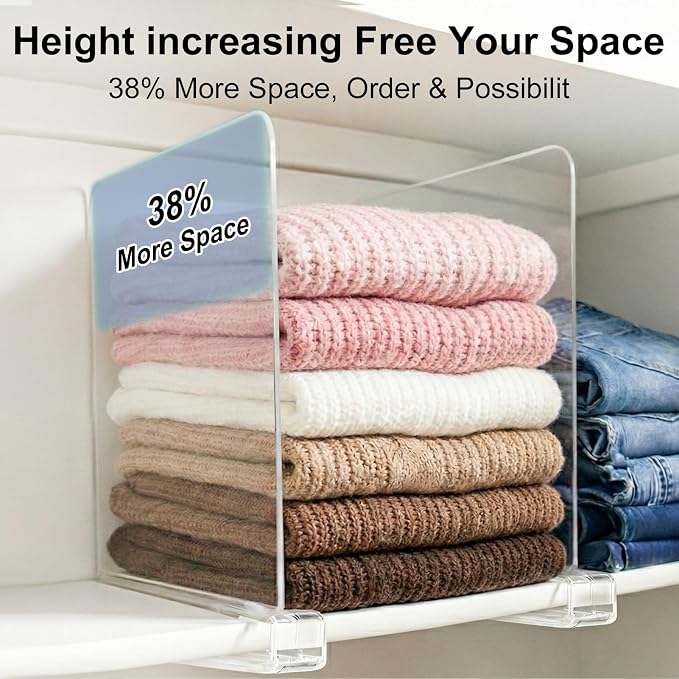 Purse Organizer for Closet Shelf Dividers: 11-inch Tall (Higher Version) Adjustable Clear Acrylic Bag Storage Organizer for Handbags, Sweaters, Towels, Jeans and Shoes on Wood Shelves 8-Pack