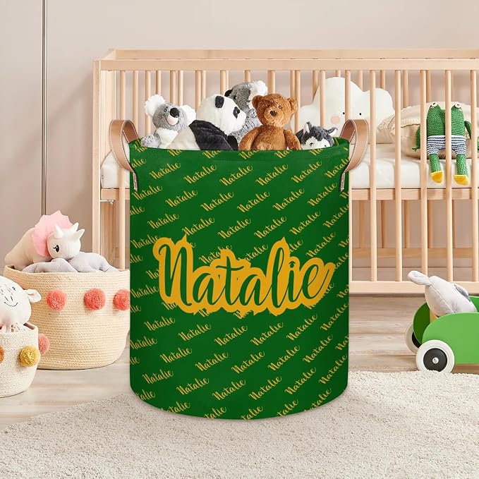 Personalized Laundry Basket, Custom Gift Laundry Hamper, Collapsible Nursery Waterproof Laundry Baskets, Dirty Clothes Toy Hamper with Handles Name Gold Green