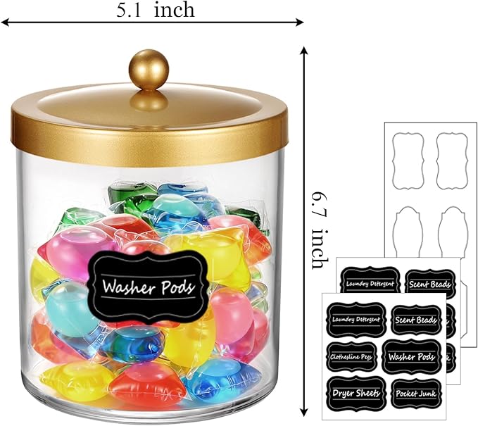 Amolliar 50 Oz Apothecary Jar - Clear Container with Stainless Steel Lid, Plastic Jar for Laundry Room Organization & Pods Storage, Bathroom Vanity Organizer, Kitchen Countertop Cantainer (Gold)