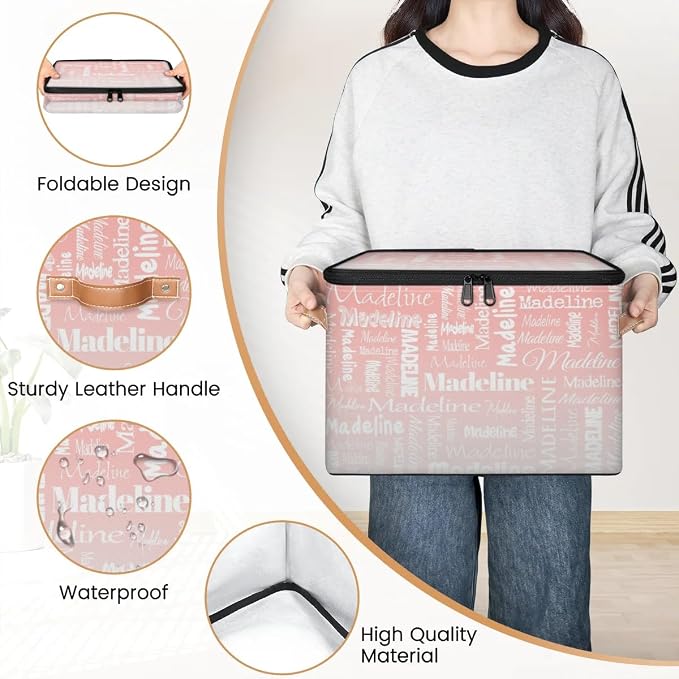 Custom Storage Basket with Name, Personalized Keepsake Box with Zipper Lid, Foldable Fabric Memory Bin Large capacity with Handle Pink White