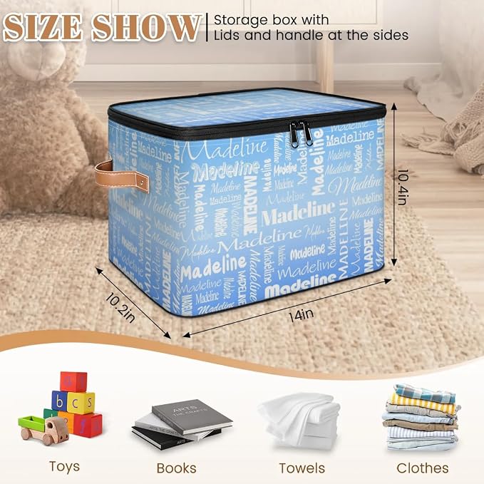 Custom Storage Basket with Name, Personalized Keepsake Box with Zipper Lid, Foldable Fabric Memory Bin Large capacity with Handle Blue
