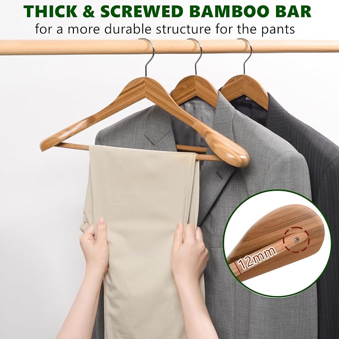 Amber Home 6 Pack Wide Shoulder Bamboo Wood Suit Hangers | Bamboo Wooden Coat Hangers with Non Slip Pants Bar, Clothes Hangers for Jackets, Sweaters, Pants & Heavy Clothes