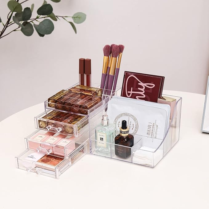 Cq acrylic 1 Pack Clear Make Up Organizer Countertop,Stackable 3 Drawers Makeup Storage,Cute Vanity Organizers for Dresser Hair Clip,Jewelry,Beauty Product Desk and Bathroom Organizers and Storage