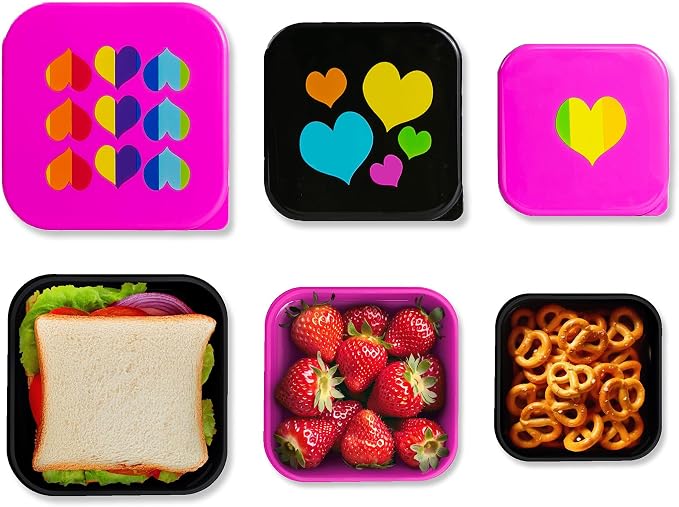 Wildkin Set of 3 Kids Nesting Food Containers for Girls – Stackable, Airtight & BPA-Free Snack Containers, Dishwasher Safe Lunch Box Containers for School & Travel, Ages 3–12 – Rainbow Hearts