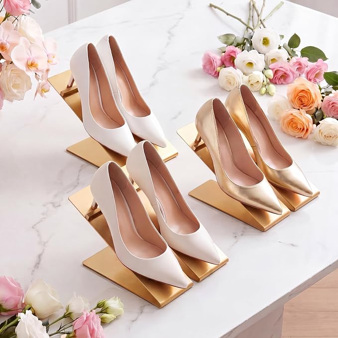 Therwen 8 Pcs Gold Shoe Display Stand Shoe Rack Stainless Steel Golden Metal Riser High Heel Display Rack Holder for Home Shopping Malls (Shape V,Golden)