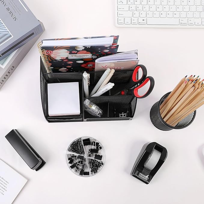 SKYDUE Black Office Supplies, Mesh Desk Organizer, Stapler, Tape Dispenser, Scissors, Binder/Paper Clips and 1000pcs Staples, Desk Supplies Set