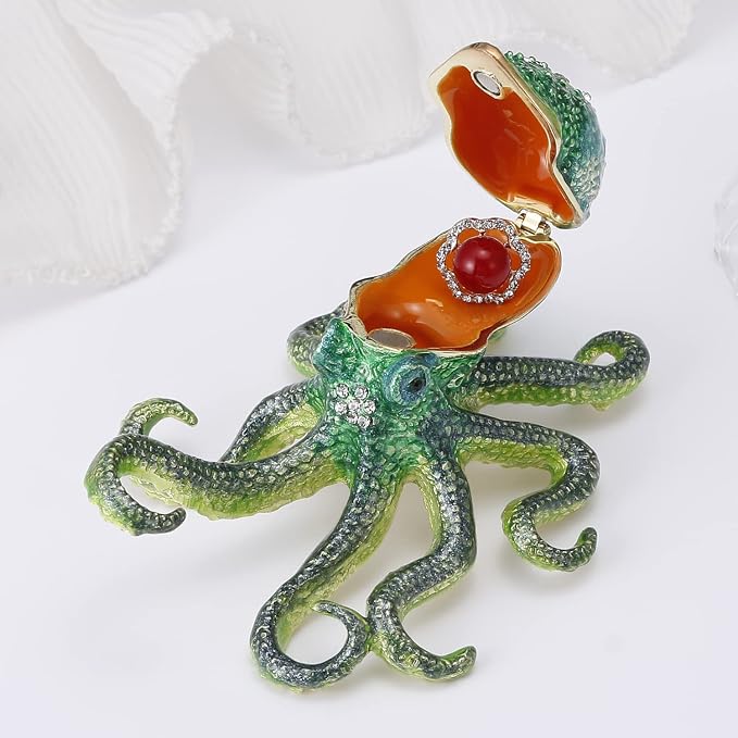 Hand Painted Animal Trinket Box for Home Decor, Hinged Jewelry Organizer Storage, Unique Personalized Collectible Keepsake Figurine Handmade Decorative Ornament Gifts (Octopus)