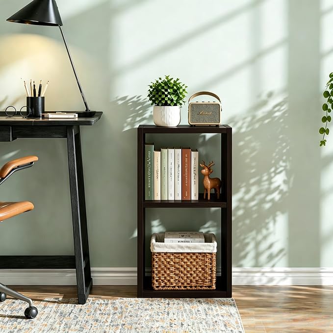 CTESNE【2026 2 Cube Shelf with Anti-Tipping Kits + Reversible Open Back Bookcase, Multi Layer and Multi Grid partition Layout (Chocolate 11in)
