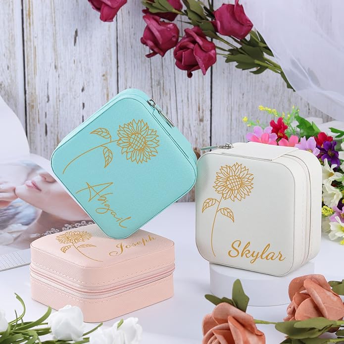 Bridesmaid Gifts Jewelry Box Personalized Small Jewelry Travel Case Custom PU Leather Portable Bridesmaid Proposal Boxes Mini Jewellery Organizer Storage Earrings Rings Necklaces for Women Girls-Pink