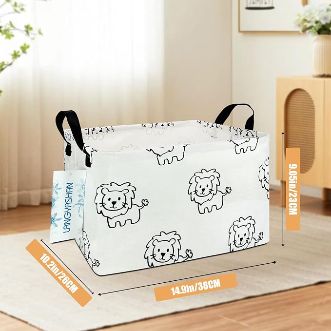 Rectangular Collapsible Lion Storage Basket Nursery Organizer | Storage Bin Foldable Canvas with Handles for Organizing Home Kitchen Children Toys Office Closet Shelf Baskets