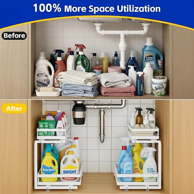 2 Pack Under Sink Organizer, 2-Tier Metal Shelf, White | Carbon steel 2-tier set, ball-bearing slides, adjustable height, no-drill setup, for kitchen and bathroom cabinets