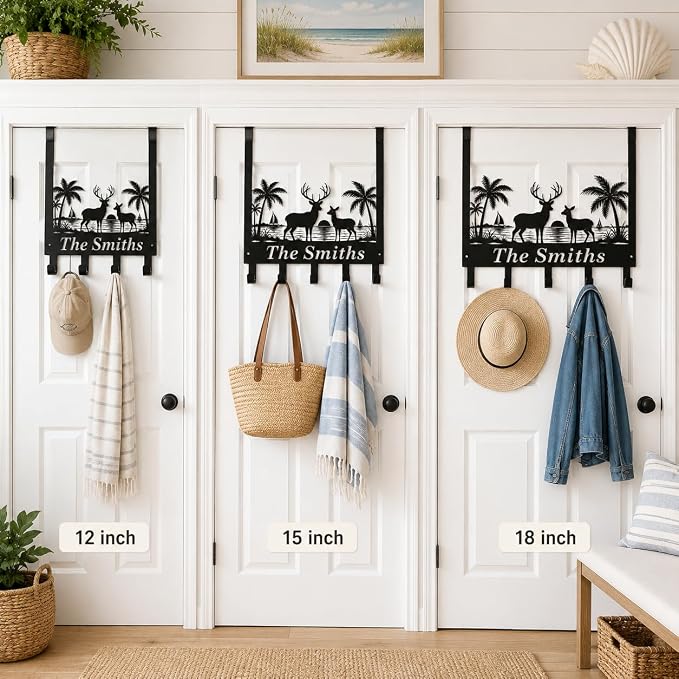 Personalized Over The Door Key Holder with Hooks, Custom Family Name Metal Door Hanger, Beach Deer Wall Hook Rack for Entryway Bedroom Bathroom, Housewarming Gift for New Homeowners
