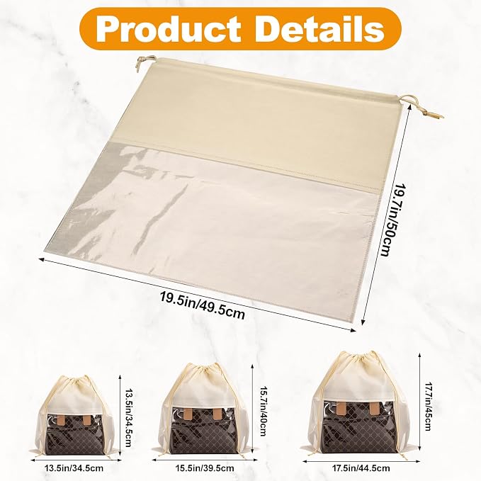12 PCS Dust Bags for Handbags,Dustproof Drawstring Bags in 4 Size,Breathable Non Woven Fabric Purse Dust Bag,Storage Bags for Handbags Shoes Purses,Beige