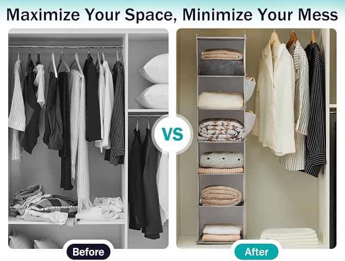 YOUDENOVA Hanging Closet Organizer and Storage, 6-Shelf Closet Hanging Storage Shelves, Light Grey