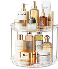 LAMU Rotating Makeup Organizer for Vanity, 10.6in 2 Tier Lazy Susan Turntable Stackable Spinning Skincare Organizer Cosmetic Perfume Tray Display for Bathroom Counterop, Large Capacity, Clear