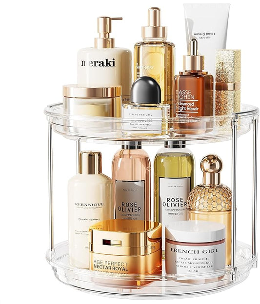 LAMU Rotating Makeup Organizer for Vanity, 10.6in 2 Tier Lazy Susan Turntable Stackable Spinning Skincare Organizer Cosmetic Perfume Tray Display for Bathroom Counterop, Large Capacity, Clear