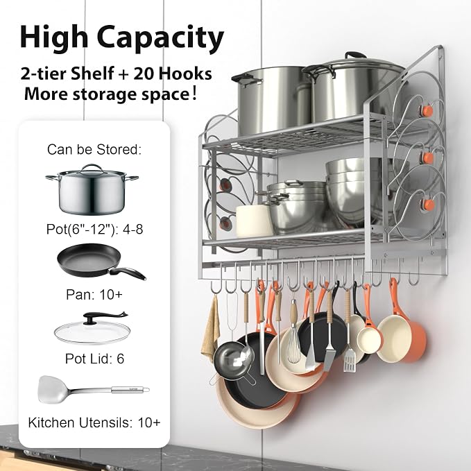 VyGrow 28 Inch Pot Rack Wall Mounted, 2 Tier Pots and Pans Organizer with 20 Hooks and 6 Pot Lid Holders, Heavy Duty Steel Pot and Pan Hanger for Kitchen Cookware Utensils Storage, Silver