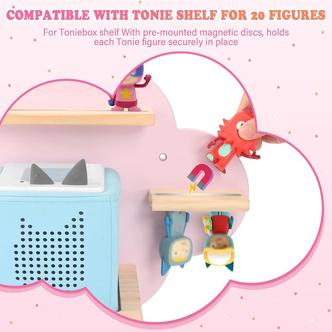 Clouds for Toniebox 1/2 Tonies Figures Organizer Storage Shelf Wall Mounted, Magnetic Floating Shelves for Toniebox Player Display Collection 20~30 Characters (Pink)