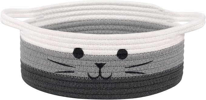 Cute Cat Toy Basket, Small Woven Basket for Organizing Living Room, Decorative Gift Baskets for Baby Shower, Pet Toys Storage, Mixed & Gray, 9.8 x 4 inches