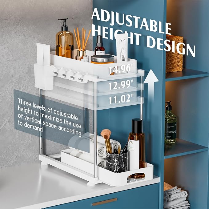 VERIFOST 2 Pack Under Sink Organizers and Storage, Double Sliding Kitchen Cabinet Organizer, 2 Tier Height Adjustable Countertop Organizer for Kitchen Bathroom Laundry, White
