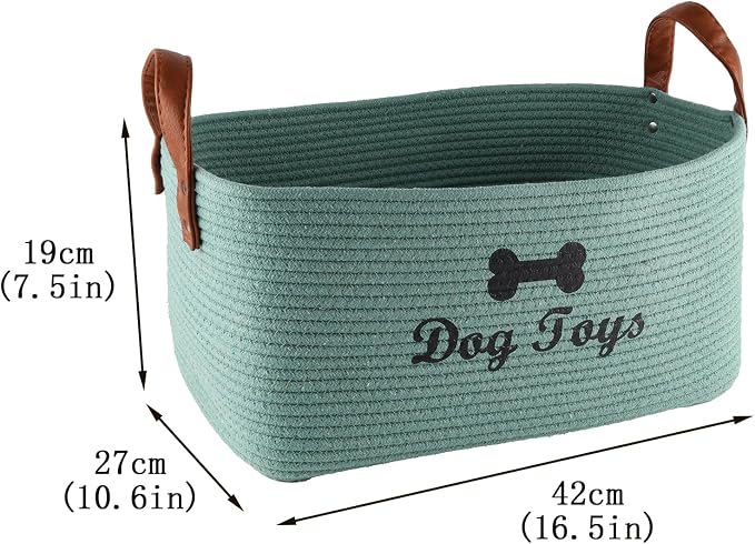 Geyecete X-Large Cotton Rope Dog Basket with Leather handle Blanket Storage Basket Decorative Clothes Hamper Basket | Extra Large Baskets for Blankets or Laundry-Geen