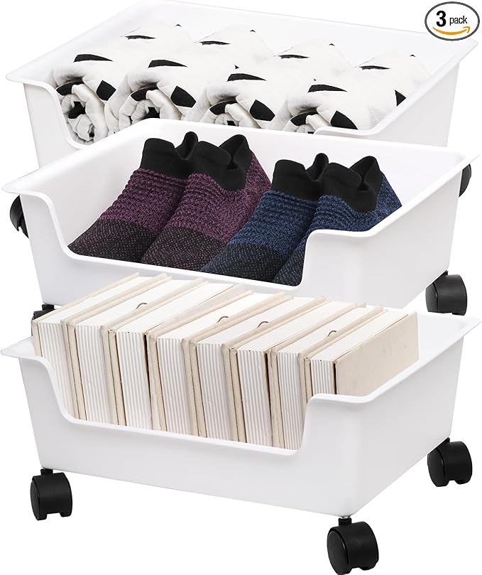 Noamus 3 Pack Under Bed Storage, Underbed Toys Storage Containers with Wheels, Plastic Bedroom Storage Organization, Under Bed Storage Bins Drawer For Clothes Blankets Shoes Books, White