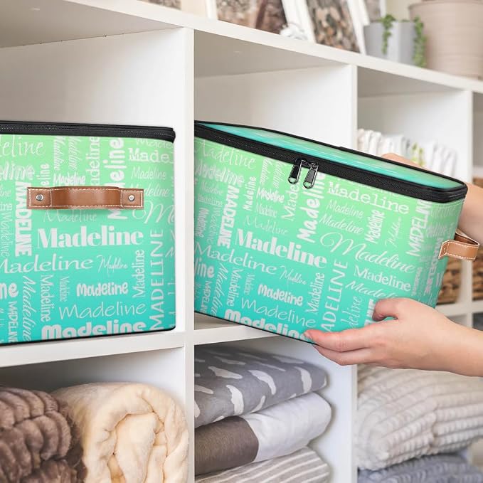 Custom Storage Basket with Name, Personalized Keepsake Box with Zipper Lid, Foldable Fabric Memory Bin Large capacity with Handle Green Blue