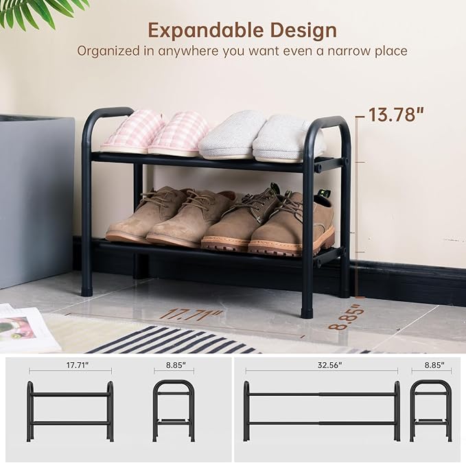 Gonfoam Shoe Rack for Closet, Expandable Shoe Organizer Storage Shelf, Adjustable Metal Free Standing Small Closet Shoe Rack for Entryway, Doorway (2-Tier Black)