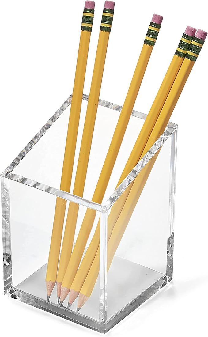OfficeGoods Acrylic Pen & Pencil Holder - Modern Trapezoid Design - Beautiful Desk Organizer for Home or Office - Contrasting Metal Base - 3" Square w/ 3.5" Front & 4.5" Back - Silver