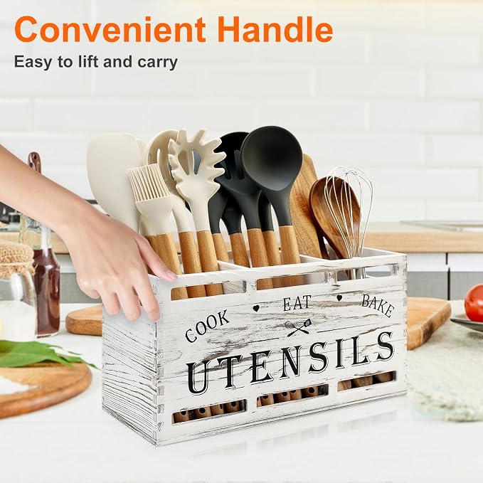 White Cooking Kitchen Utensils Holder Large Wooden Spoon Spatula Holders | Big Wood Utensil Organizer Farmhouse Wooden Utensil Caddy Rustic Spoon Holder Countertop Kitchen Tools Decor Utensil Crocks