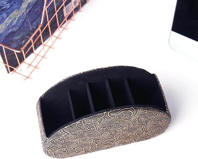 Remote Control Holder, PU Leather Remote Caddy Desktop Organizer with 5 Spacious Compartments for TV Remotes/Media Controllers/Office Supplies (1-Carved Copper Gold